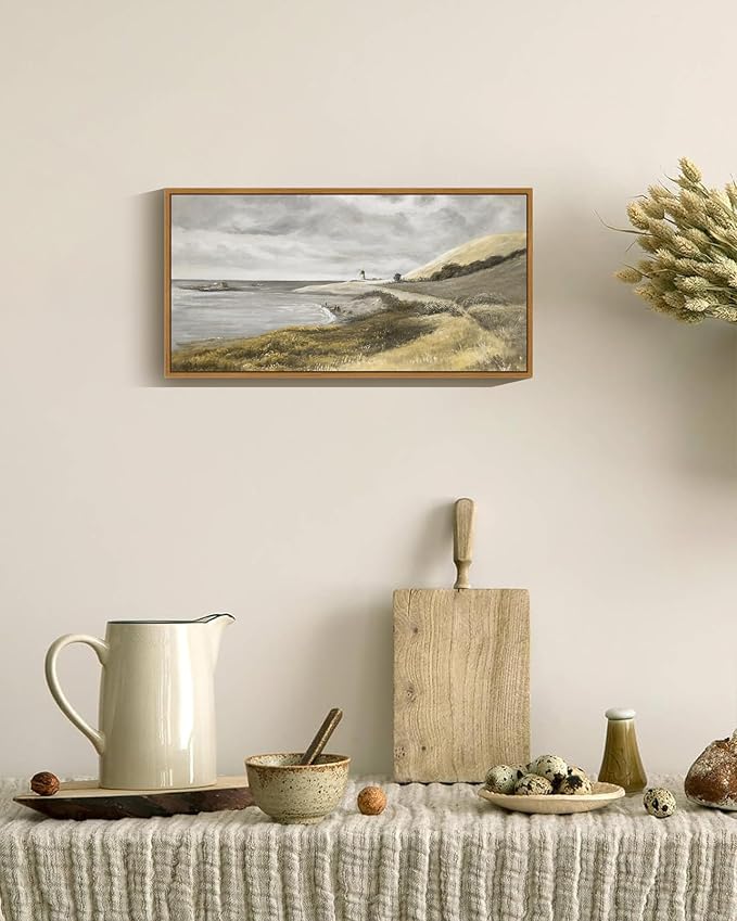 SHENIFY Vintage Framed Wall Art Coastal Seascape Landscape Painting Retro Meadow Scenery Farmhouse Kitchen Living Room Decor - 8x16in Natural Framed