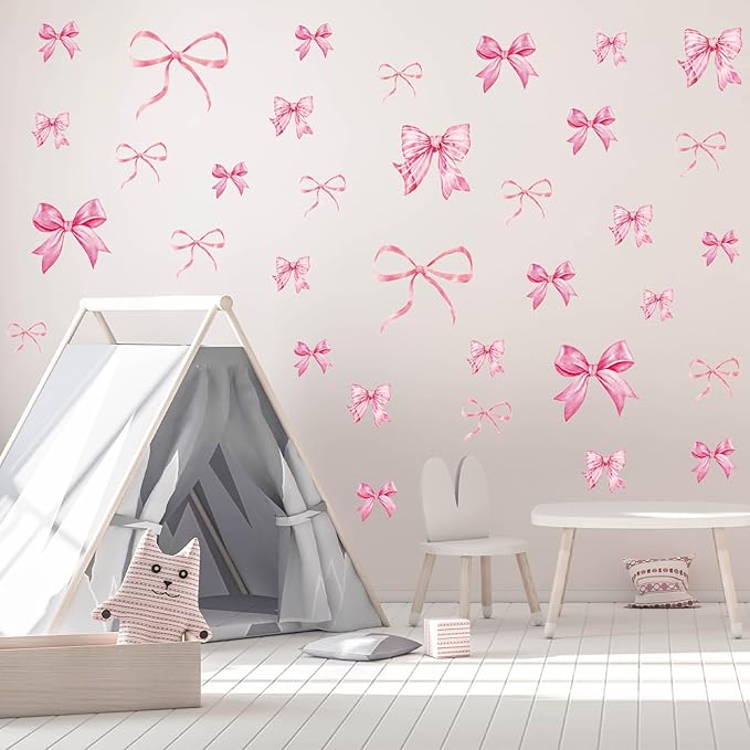 Whaline 12 Sheets Trendy Pink Bow Wall Stickers Light Pink Bow Knot Wall Decals Watercolor Room Mural Stickers for Girls Party Valentine's Day Home Bedroom Nursery, 7.9 x 11.8 Inch
