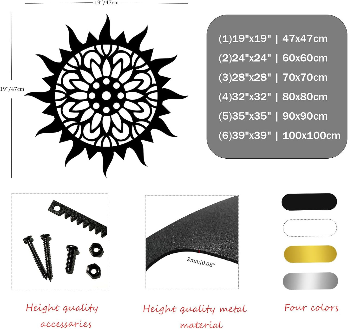 Sunburst Metal Wall Decor, Metal Sun Wall Decor, Metal Sun Flower Wall Art, Outdoor Metal Sun Wall Art, Sun Burst Wall Decor, Home Decor, Patio Decor, Wall Art for Living Room, Bedroom (Black, 39"x39"|100x100cm)