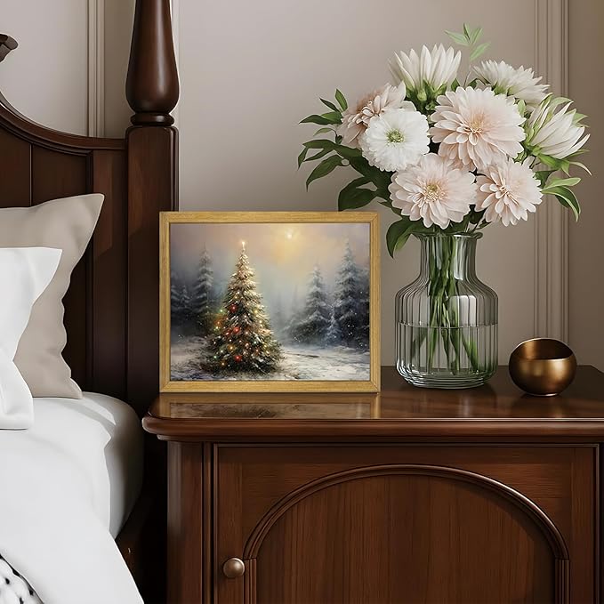Vintage Christmas Wall Art, Vintage Pine Tree Canvas Wall Decor Painting, Rustic Winter Tree Print, Botanical Winter Art, for Table Farmhouse Mantel Home Office 8x10 Inch Wood Framed