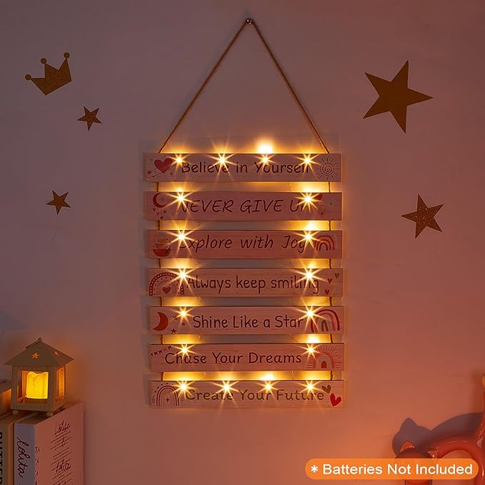 FIOBEE Girls Room Décor for Teen Girls Boys with LED Light Wall Decor for Bedroom Motivational Inspirational Wall Art Room Decoration for Kids Studyroom, 8 Kinds of Lights, Pink Boho
