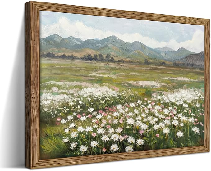 Framed Farmhouse Landscape Wall Art, Modern Country Flower Wall Decor, Vintage Wildflowers Mountain Canvas, Farm House Nature Pictures Print Artwork for Bedroom Living Room – 8x10 inch