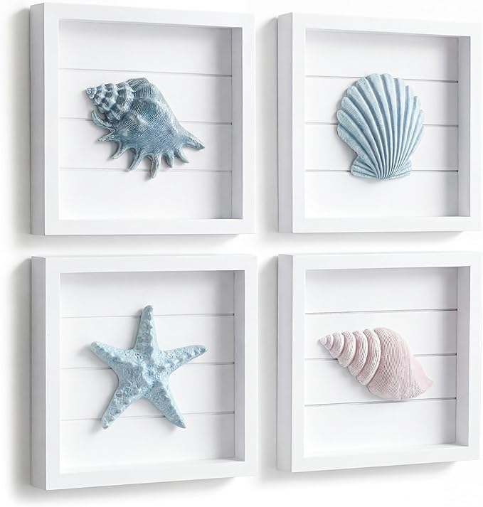 Tide and Tales 3D Seashells & Starfish Coastal Wall Art Decor (Framed Set of 4) Beach Wall Decor for Bathroom or Coastal Bedroom - Ocean Inspired Seaside Decorations for Home or Beach House (7"x7")
