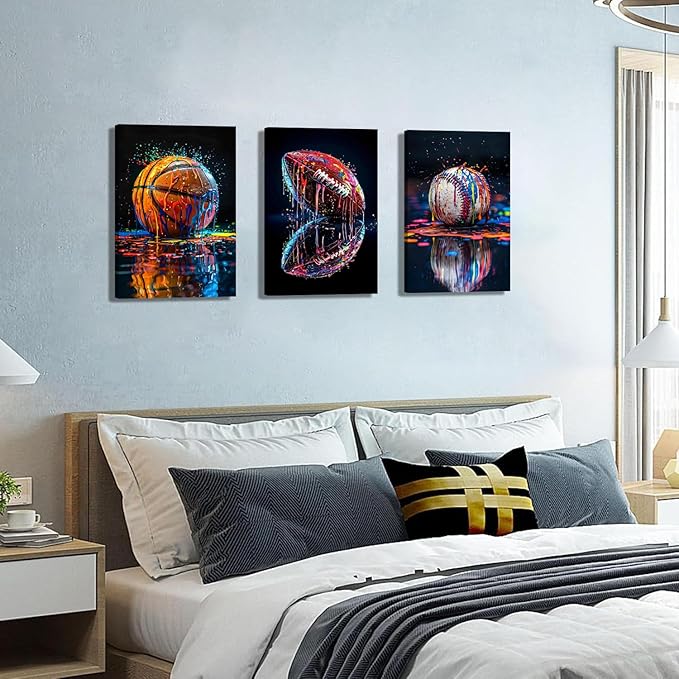 Sports Wall Art Set of 3, Retro Basketball Rugby Football Baseball Canvas Prints, Graffiti Style Print Artwork Ball Painting Wall Decor for Boys Bedroom Game Room Living Room Home Decor12x16 in Framed