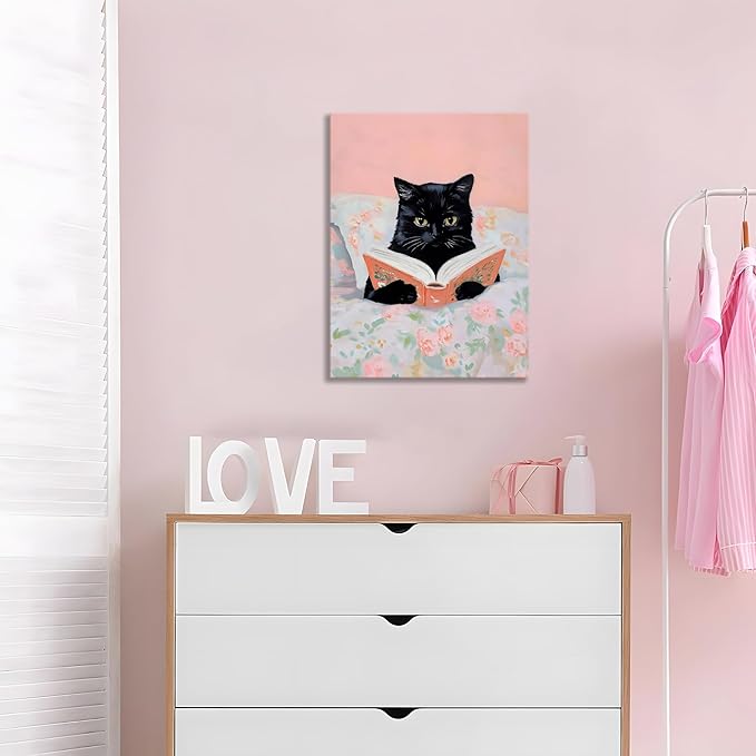 Framed Cats Canvas Wall Art, Funn Black Cat Reading Books Picture Wall Decor, Pink Vintage Animal Poster Prints for Girls Room Bedroom Kids Room Living Room Bathroom Decor 12x16 inch