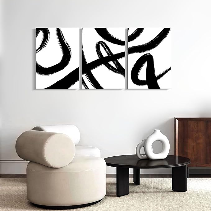3Pcs Framed Abstract Black and White Canvas Wall Art Minimalist Brushstroke Line Prints Modern Home Gallery Style Picture Painting Posters Bedroom Living Room Office 12x16 Inch Ready to Hang