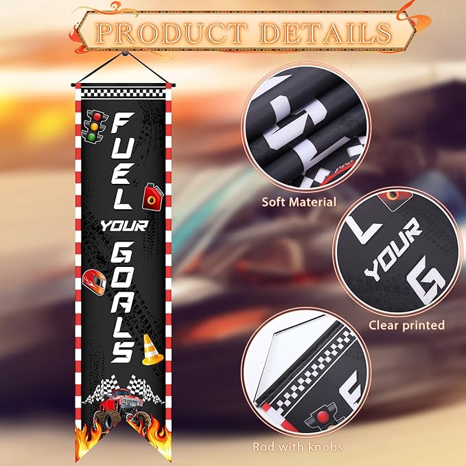 3 Pcs Race Car Party Banners Racing Fans Birthday Decor Monster Truck Hanging Porch Sign Truck Fuel Can Checkered Flag for Car Theme Birthday Party Supplies Inspirational Classroom Decoration
