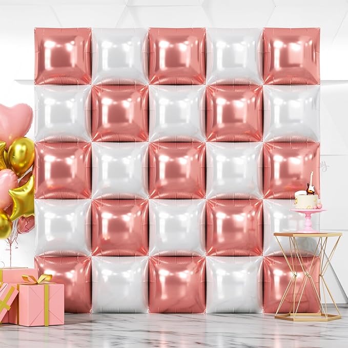 NISOCY 25PCS Rose Gold White Square Foil Balloons Wall Backdrop Double Sided White Rose Gold Balloon Arch Kit for Birthday Wedding Engagement Bridal Shower Valentine Party Decoration