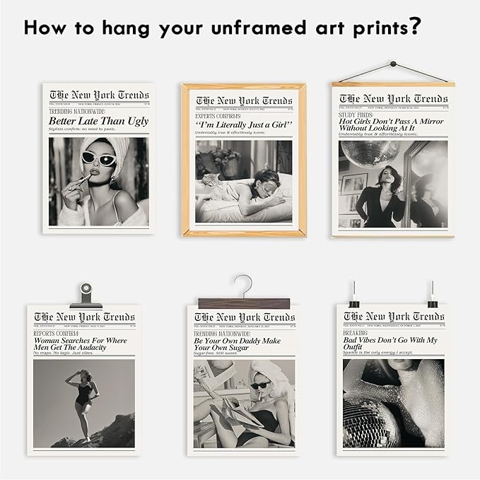 Trendy Feminist Newspaper Wall Art Prints of 6,Retro Black and White Vogue Posters for Room Aesthetic,Audrey Hepbum Fashion Wall Art Bedroom, Vintage Bar Cart Art Feminine Decor for Dorm Apartment,Unframed