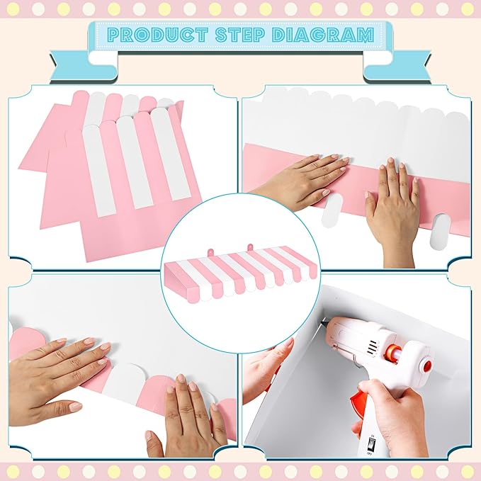 Boao 4 Pack Pink Circus Awning Decoration 3D Pink and White Stripe Cardboard Awning Bulletin Board Wall Decor Sweet Ice Cream Party Favors for Lemonade Stand Truck Bulletin Board