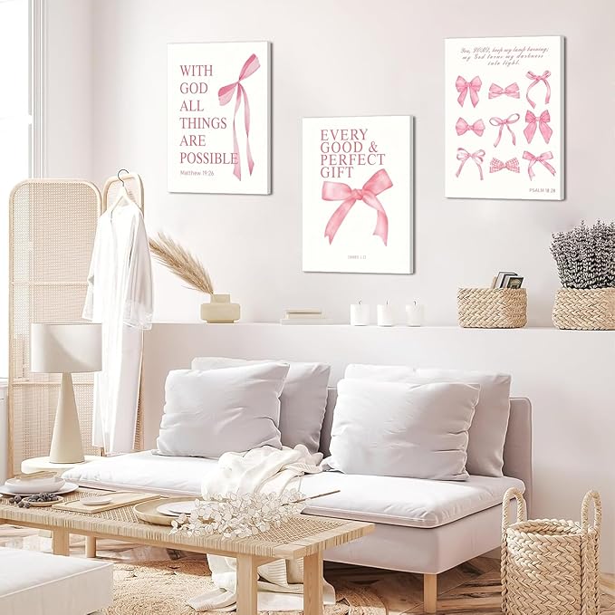 3 Pcs Coquette Pink Bow Canvas Wall Art Inspirational Bible Verses Bow Posters Wall Decor Pink Bow Room Pictures Prints Aesthetic for Girls Room Living Room Bedroom Bathroom Dorm 12x16 Inch Framed