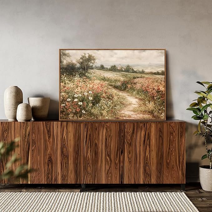 OIQArtOIQ Framed Canvas Wall Art,Vintage Decor,Landscape Nature Country Wildflower Paintings Farmhouse Pictures Modern Artwork Rustic Fall Flower Prints Cottagecore Office Living Room Bedroom Bathroom
