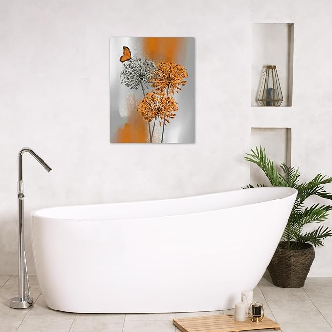 LB Orange Dandelion Wall Art Grey Floral with Butterfly on Vintage Background Canvas Wall Art Retro Abstract Wall Art Decor for Living Room Bedroom Bathroom Office Framed Ready to Hang 20L x 16W