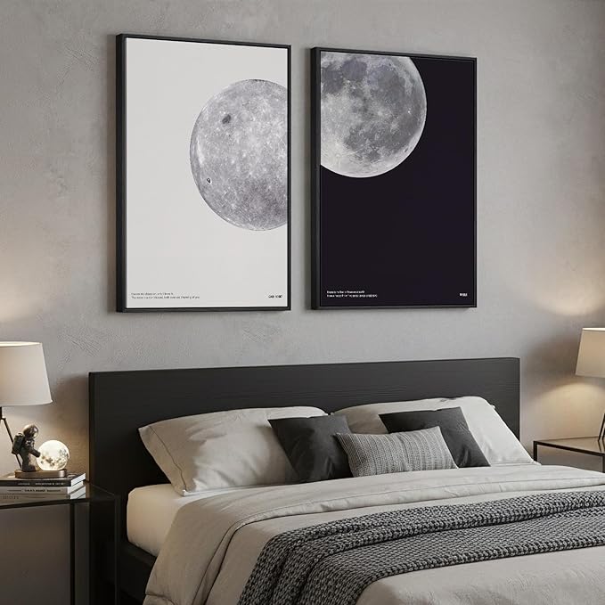 Large Framed Black and White Moon Wall Art, 2 Piece the Moon Canvas Art Prints, Minimalist Lunar Pictures for Living Room Bedroom Dining Room Hallway Home Office Wall Decor 24x36 In