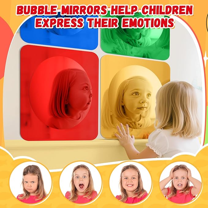 Geiserailie 4 Pcs Sensory Wall Mirror Acrylic Bubble Mirror Toys for Calming Corner Items - Sensory Room Have Visual, Tactile Stimulation (10 x 10 Inch,Red,Yellow,Green,Blue)