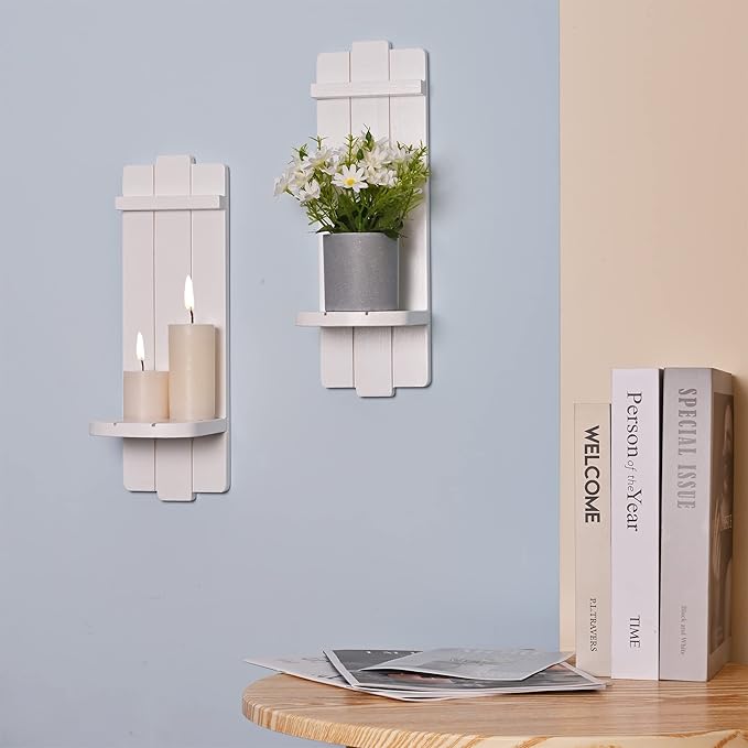 Sconces Wall Decor Set of 2, Candle Holder Rustic Home Farmhouse Art Floating Candle Sconces Shelf White Decorations for Living Room, Dining Room, Bedroom, Bathroom
