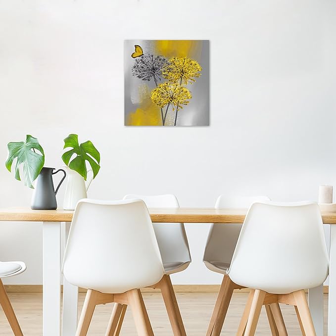 LB Yellow Dandelion Canvas Wall Art Yellow Grey Dandelion with Butterfly on Modern Abstract Wall Art Aesthetic Wall Decor for Living Room Bedroom Bathroom Office Framed Ready to Hang 12L x 12W