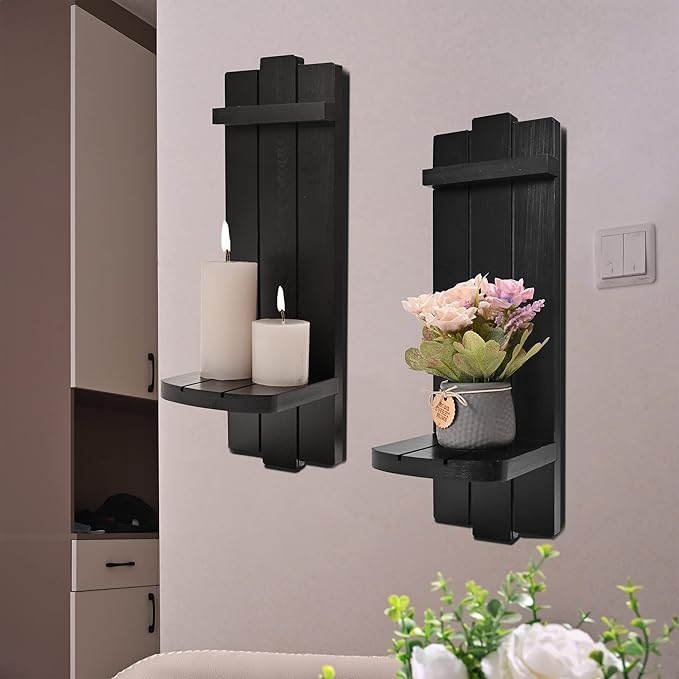 Sconces Set of 2, Rustic Home Decor, Farmhouse Wall Art Floating Candle Holder Shelf, Black Decorations for Living Room, Dining Room, Bedroom, Bathroom