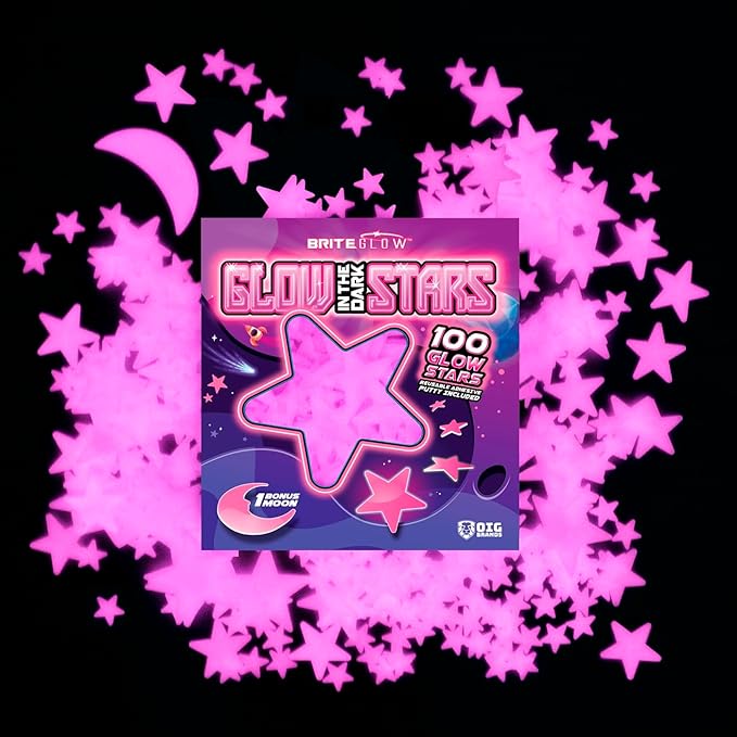 100PK Pink Glow in The Dark Stars for Ceiling Easter Basket Stuffers for Kids - Star Brite Plastic Glow Stars with Moon & Putty Ages 4,5,6,7,8,9,10,11,12 for Bedroom Space Night Light Room Non-Toxic