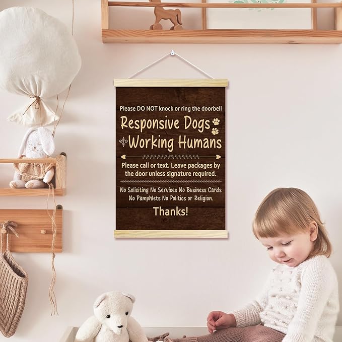 Dog Warning Posters Hanger Frame for Home Funny Dog Hanging Poster for Home Front Door Decor Do Not Knock Wall Art Decor for Dogs Mom Lovers Gifts Canvas Wall Art Print 16x12 Inches - YY054