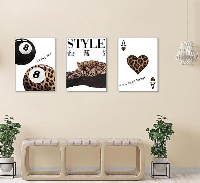 3pcs Framed Fashion Leopard Print Canvas Wall Art Cheetah Paintings Wall Decor Stylish Lucky 8 Ball Posters Prints College Style Room Aesthetic Pictures for Girls Bedroom Apartment Dorm Decoration