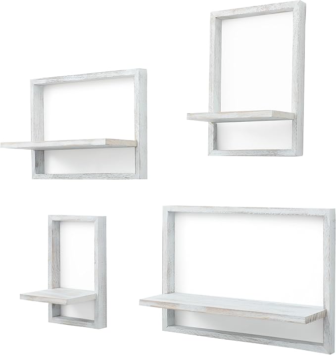 PHOENANCEE Square Floating Shelves,Framed Wall Shelf Decorative Set of 4,Modern Plants Hanging Display Art Decor Storage for Livingroom Bedroom Bathroom Farmhouse,Home Light Wood,Rustic White