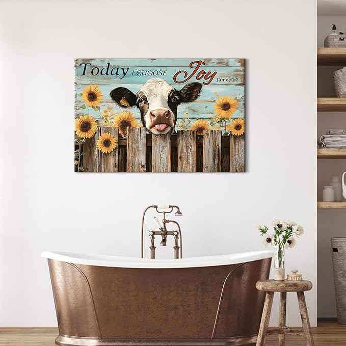 Large Farmhouse Cow Wall Art Teal Wall Decor Sunflower Pictures for Living Room Christian Bible Canvas Prints Cattle Poster Rustic Farm Animal Painting Artwork for Bedroom Home Decorations 24x36"