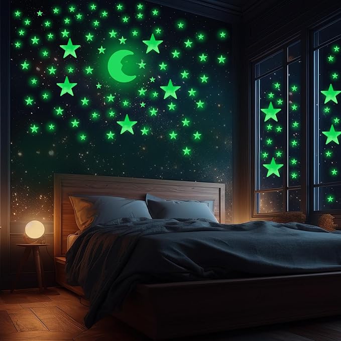 OIG Brands 100 PK Green Glow in The Dark Stars for Ceiling Easter Basket Stuffers for Kids - Star Brite Plastic Glow Stars with Moon & Putty Ages 4,5,6,7,8,9,10,11,12 for Bedroom Space Night Light