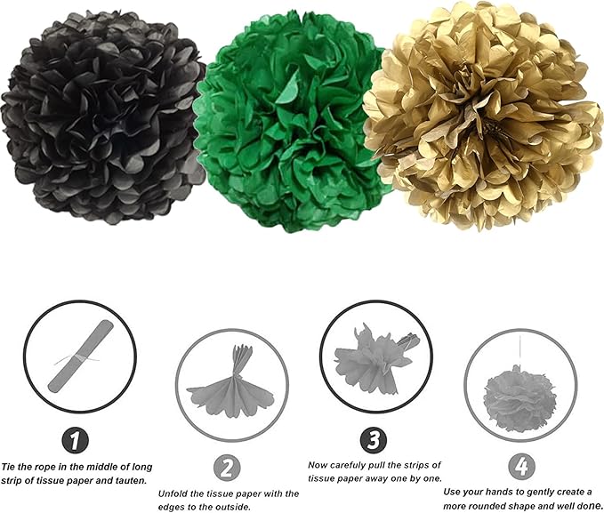 We Moment Black Dark Green and Gold Paper Pom Poms Decorations for Wedding Birthday Party Decoration Ceiling Wall Hanging Tissue Flowers Decorations 12pcs 3 Colors of 12 Inch 10 Inch