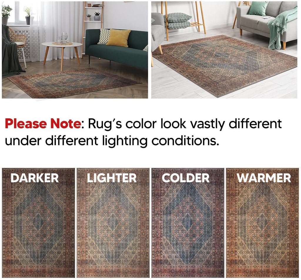 Keen Home Design 4x6 Rug - Machine Washable Area Rug with Non-Slip Backing, Ideal for Living Room, Dining Room, Bedroom - Vintage, Easy Clean, Durable, Low Pile Rug - (4' x 6')