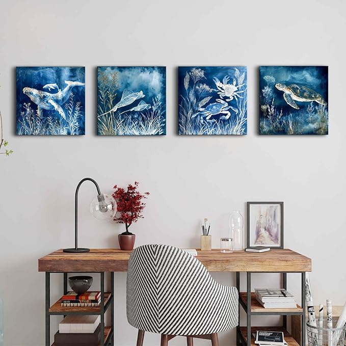 Ocean Animal Canvas Wall Art Navy Blue Coastal Bathroom Decor Sea Turtle Dolphin Whale Crab Pictures Wall Decor Under The Sea Marine Life Posters Beach House Living Room Bedroom Decoration 12x12” 4Pcs