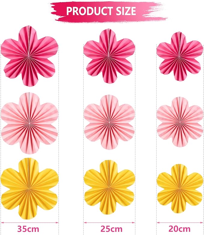 SUNBEAUTY Paper Flowers Decorations for Wall, Paper Flower Fan Classroom Decoration Paper Floral Backdrop Decor Paper Fans Decoration Hanging Paper Fans Pink Yellow Flower Wall Decor