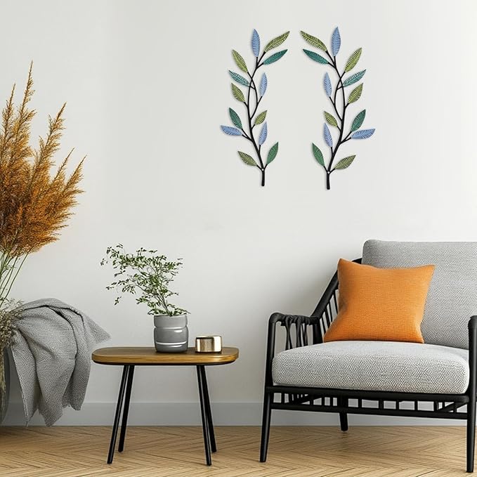 Metal Tree Leaf Wall Decor 2 PCS Rustic Vine Branch Leaf Wall Art for Living Room Bedroom Bathroom Decorations - Lively Color