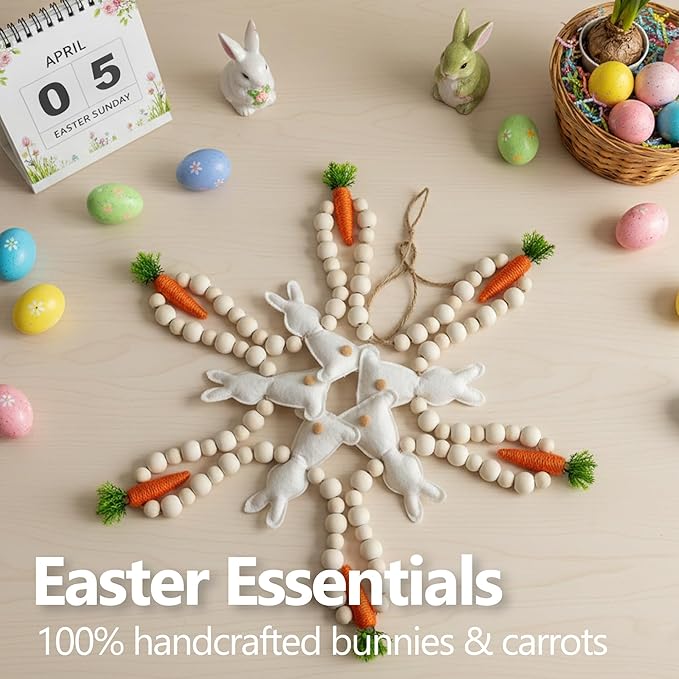6.5FT Easter Decorations Bunny Carrot Garland - Handmade Felt Bunny Carrot Spring Garland Decoration for Mantle Fireplace Wall - Rustic Hanging Easter Banner for Inside Home Farmhouse Indoor Decor
