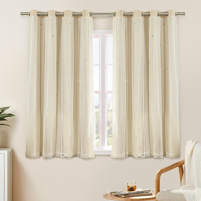XiDi Beige Curtains with Sheer Overlay for Living Room Bedroom Small Window 2 Panels 80% Blackout Double Layer Star Curtains for Kids Girls Room Darkening Grommet Drapes with Tiebacks W52 X L45