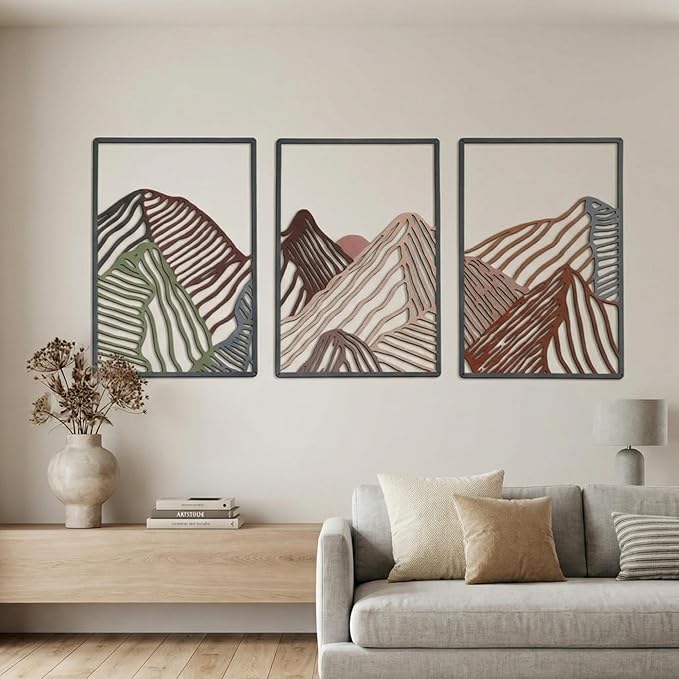 Peryiter 3 Pcs Metal Wall Art Decor Landscape Mountain Wall Hanging Decor for Living Room Abstract Minimalist Modern Mountain Line Pictures Bathroom Office Home Gifts Indoor(Colorful)