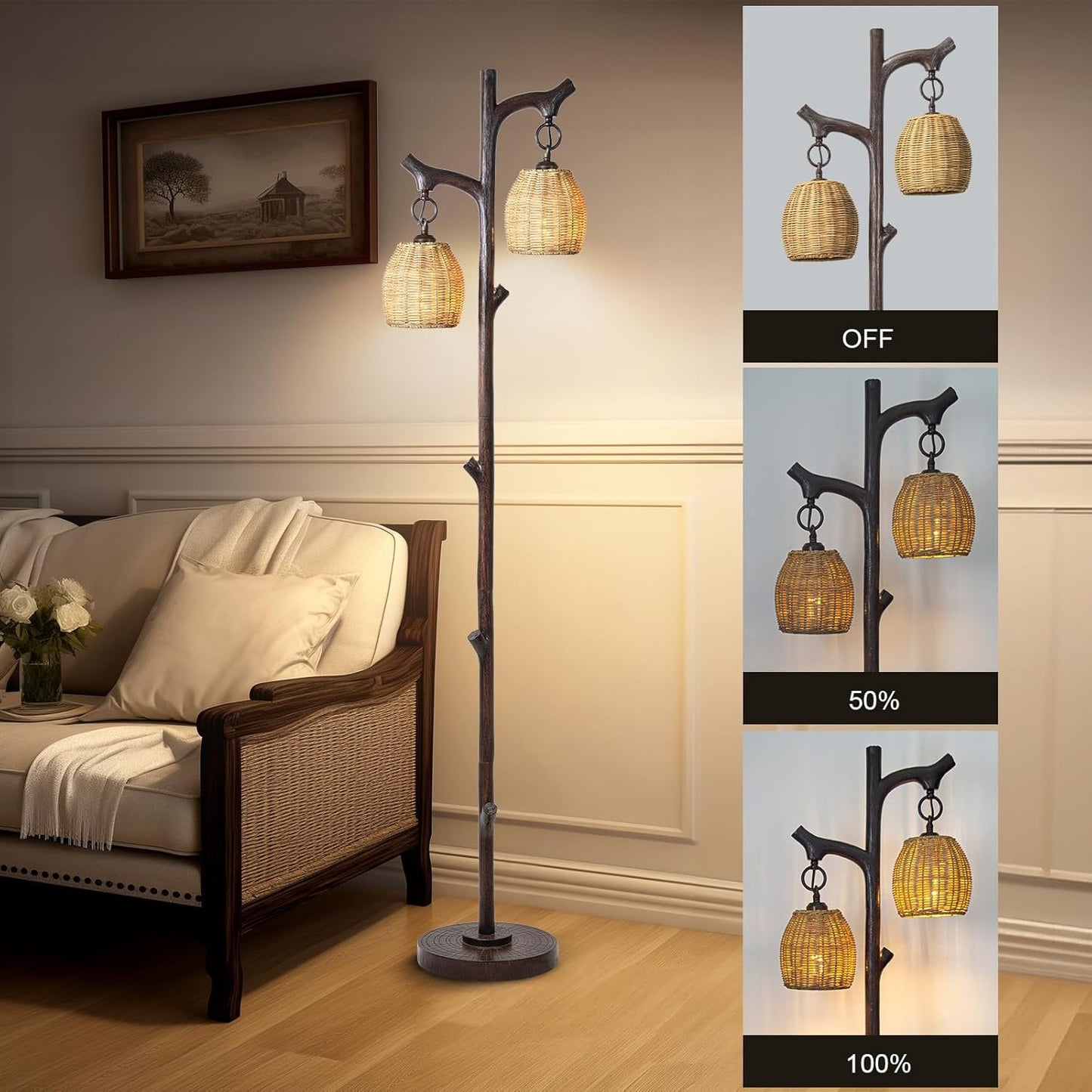 68" High Farmhouse Rustic Country Cottage Floor Lamp Tree Trunk Faux Wood Column Dark Bronze Wicker Drum Shade Decor for Living Room Bedroom Reading Room