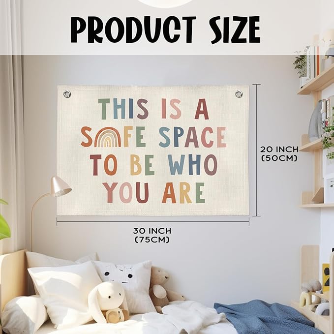 Boho Classroom Decor, This Is A Safe Space Wall Hanging Banner, Therapy Office Wall Linen Wall Hanging Banner Flag Decor for Counseling Office Calming Corner