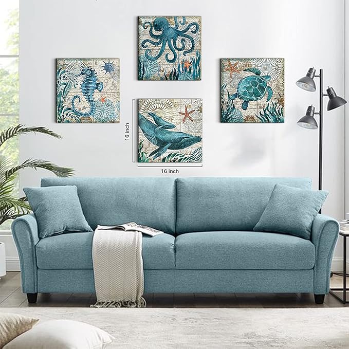 Beach Wall Art Bathroom Decor Rustic Sea Turtle Canvas Prints for Beach House Living Room Teal Coastal Ocean Animal Pictures Bedroom Beach Artwork Nautical Painting Kitchen Home Decoration 20x20" 4