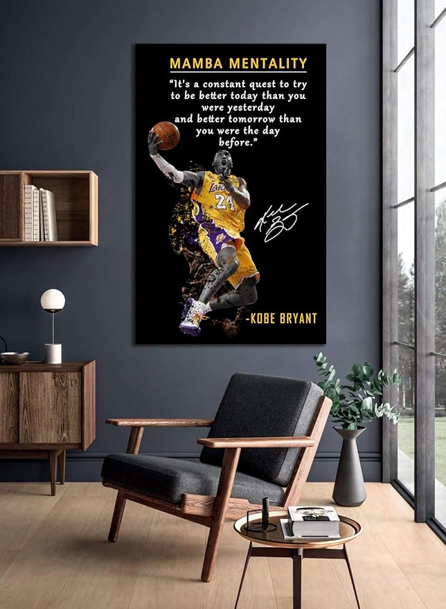 AMART SUN NBA Basketball Player Sports Home Decor • Kobe Bryant Mamba Mentality Quote Poster Inspirational Canvas Wall Art • Motivational Artwork for Home,Office,Gym Wall Decor Framed Ready to Hang