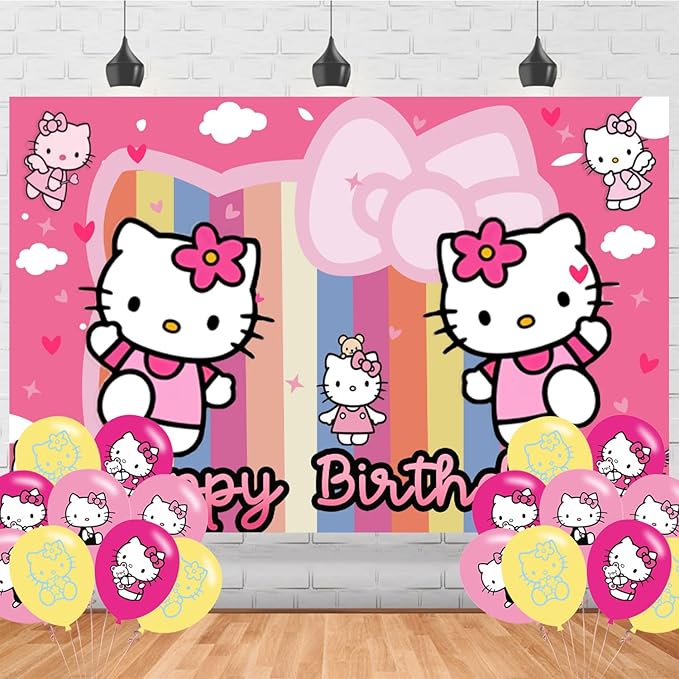 Cartoon Hello Cat Happy Birthday Banner Backdrop for The Kitty Cat Birthday Party Supplies (5x3ft)