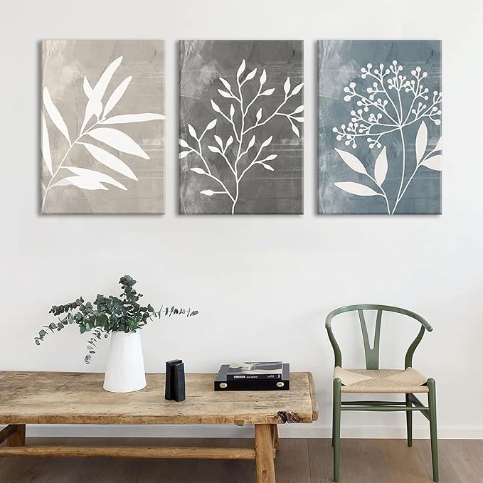 okudolit Vintage Botanical Canvas Wall Art Set of 3 Blue Grey and Beige Neutral Plant Leaf Prints Boho Minimalist Floral Art Pictures Wall Decor for Living Room Bedroom bathroom Office-12x16in