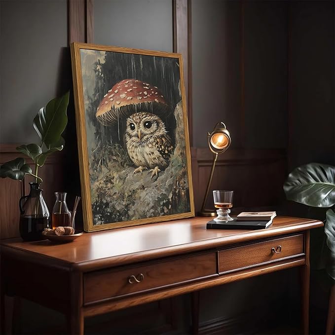 Framed Vintage Owl Canvas Wall Art, Cute Bird Mushroom Pictures Wall Decor, Cottagecore Forest Animal Paintings Prints Gothic Rustic Moody Home Decor for Living Room Bedroom Nursery 16x24 inch