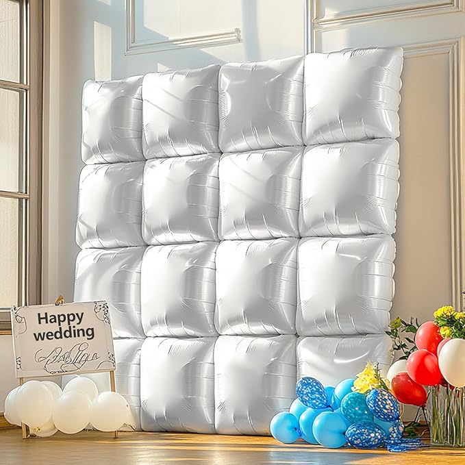 NISOCY 48PCS White Square Foil Balloons Wall Backdrop Double Sided Pearl White Balloons Tunnel Arch Kit for Birthday Wedding Engagement Bridal Baby Shower Party Decoration
