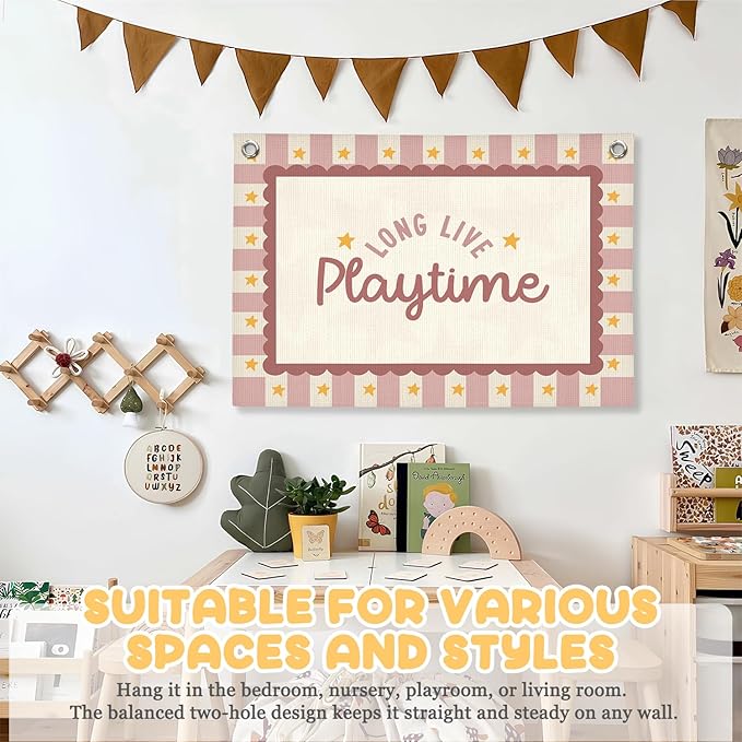 Playroom Wall Decor,Long Live Playtime Linen Canvas Banner,Pink Toddler Playroom Decor Kids Room Nursery with Star Pattern Wall Decor for Toddler Girls Toy Room Bedroom,30x20 Inch