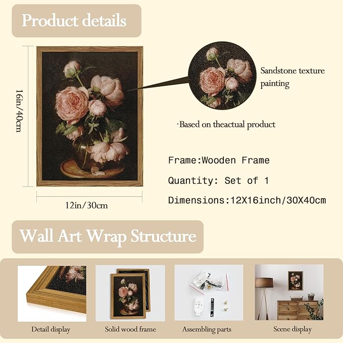 Framed Vintage Floral Wall Art - 3D Textured Classical Flower Wall Decor Paintings, Hand Drawn Sandstone Aesthetic Pictures Prints for Bedroom Living Room Bathroom Office 12x16 inch