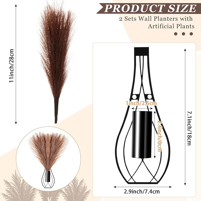 Otoolling 2 Pieces Hanging Plant Wall Decor with Artificial Pampas Grass Metal Hanging Vase Modern Geometric Farmhouse Bohemian Wall Art for Living Room Bedroom Kitchen Bathroom Office(Black, Brown)
