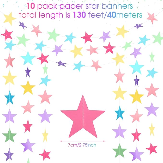 Patelai Glitter Star Garland Banner 2026 Graduation Decor 130 Feet Star Hanging Banner Twinkle Backdrop for Party Birthday Classroom Wedding Supplies(Macaron Color)