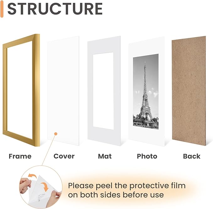 upsimples 8.5x11 Picture Frame Set of 5, Display Pictures 6x8 with Mat or 8.5 by 11 Without, Wall Gallery Photo Frames, Gold