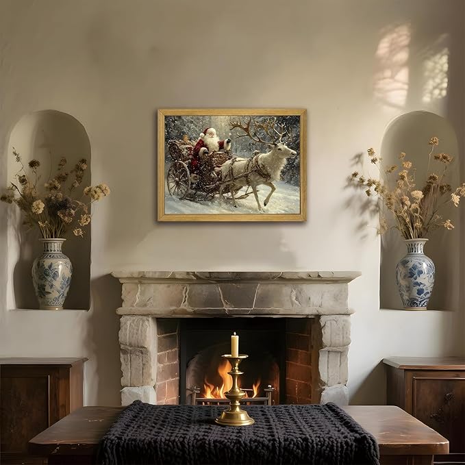 Wood Framed Vintage Santa Claus Sleigh Wall Art, Classic Christmas Reindeer Canvas Print Painting, Christmas Wall Decor Ornaments Picture for Living Room Bedroom Kitchen Xmas Home Decor 16x24 Inch